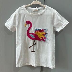 Mini Boden White Tee with Bright Pink Flamingo Appliqué